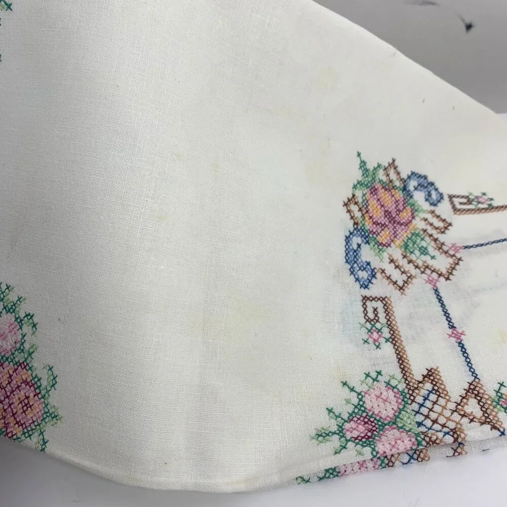 Vintage White Linen Tablecloth Embroidered Cross Stitched Floral Baskets